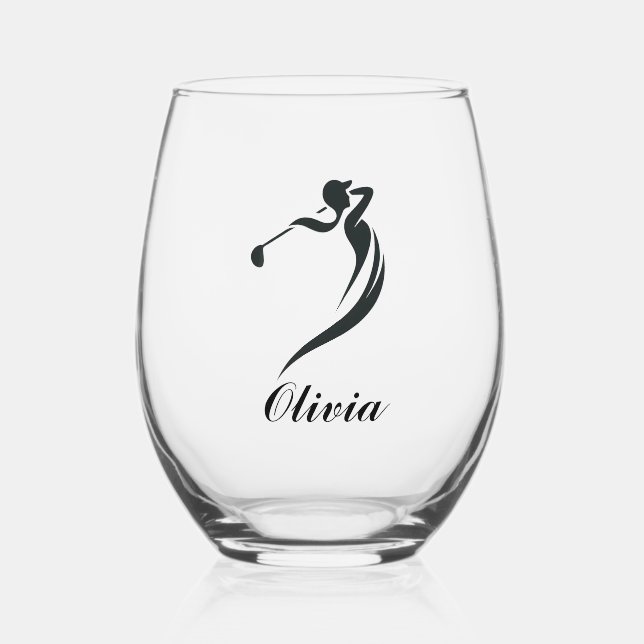 Female Golfer Personalized Stemless Wine Glass (Front)