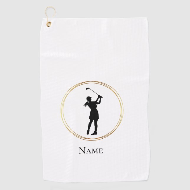 Female Golfer Silhouette Personalized Golf Towel (Front)