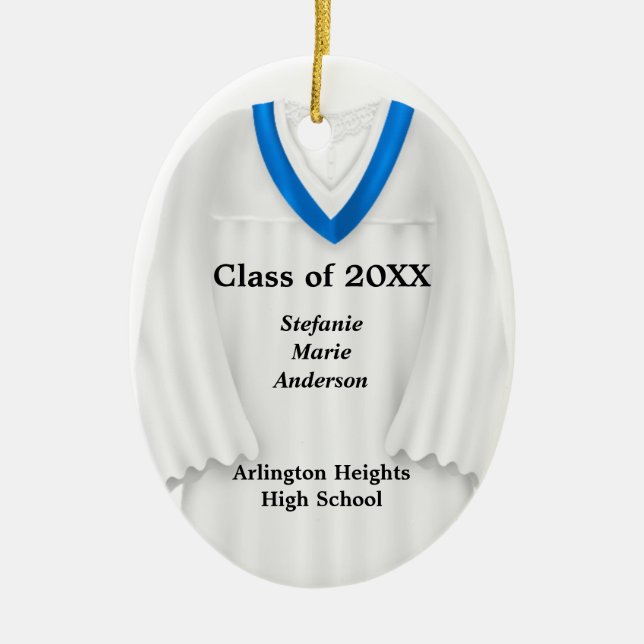 Female Grad Gown White and Blue Ornament (Front)