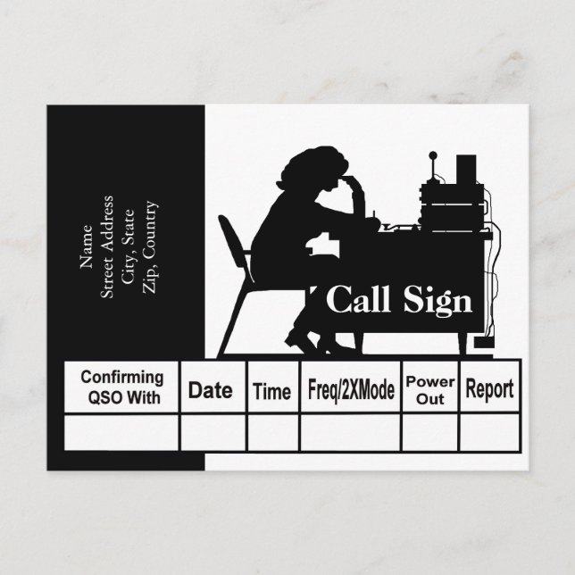 Female Ham Radio Operator Silhouette QSL Card (Front)