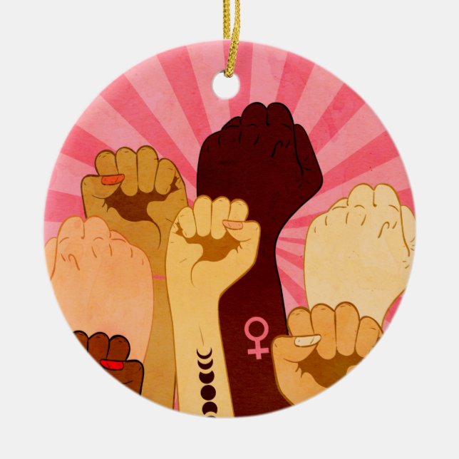 Female hands with fist raised up ceramic ornament (Front)