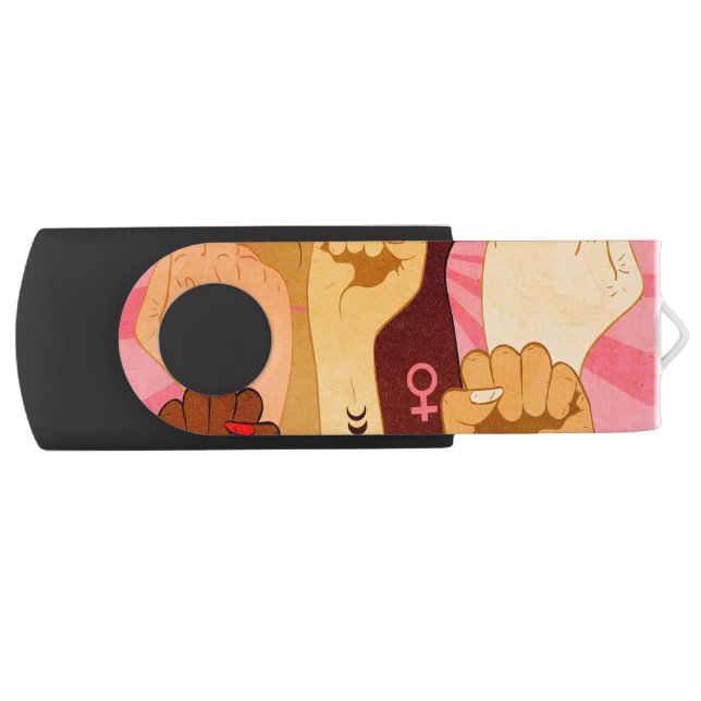 Female hands with fist raised up flash drive (Front)