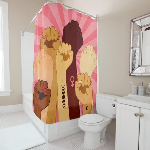 Female hands with fist raised up shower curtain