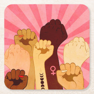 Female hands with fist raised up square paper coaster