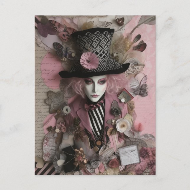 Female Hatter Pink Mixed Media Collage Postcard (Front)