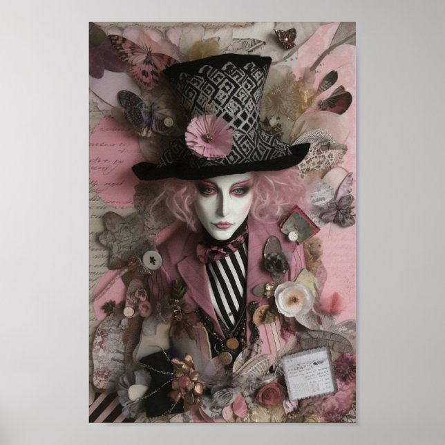 Female Hatter Pink Mixed Media Collage Poster (Front)