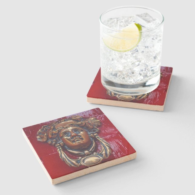 "FEMALE HEAD BRASS DOOR KNOCKER ON BRIGHT RED DOOR STONE COASTER (Side)