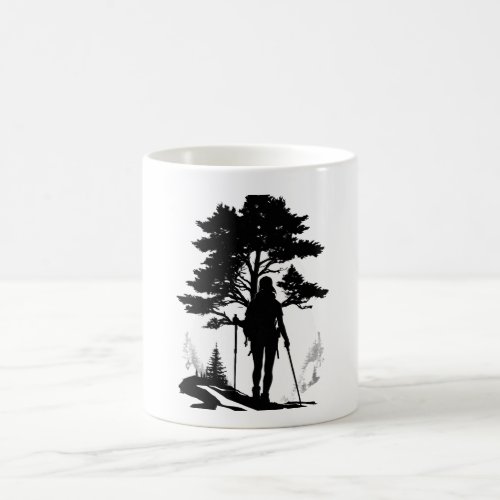 female hiker with pine trees coffee mug