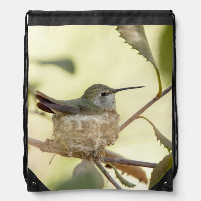 Female hummingbird on her nest drawstring bag (Front)