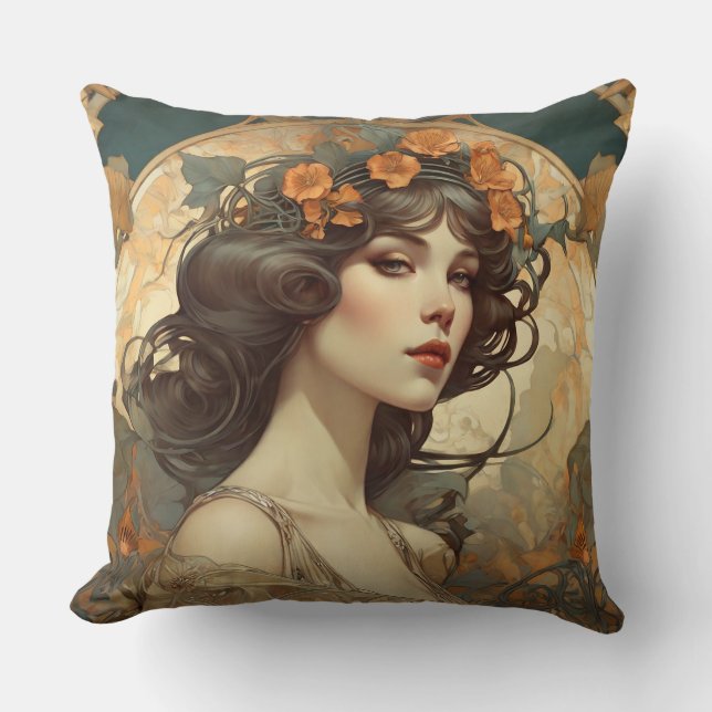 Female illustration with Art Nouveau Throw Pillow (Front)