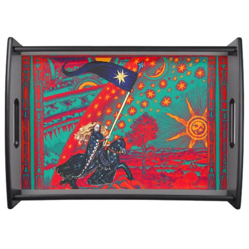 FEMALE KNIGHT OF STARS HORSEBACK IN FLAMMARION Red Serving Tray