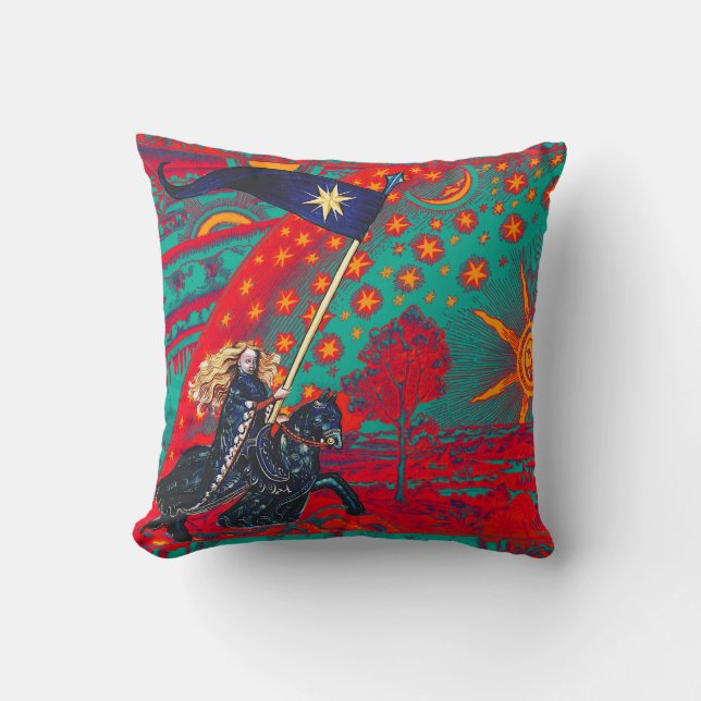 FEMALE KNIGHT OF STARS HORSEBACK IN FLAMMARION Red Throw Pillow (Front)