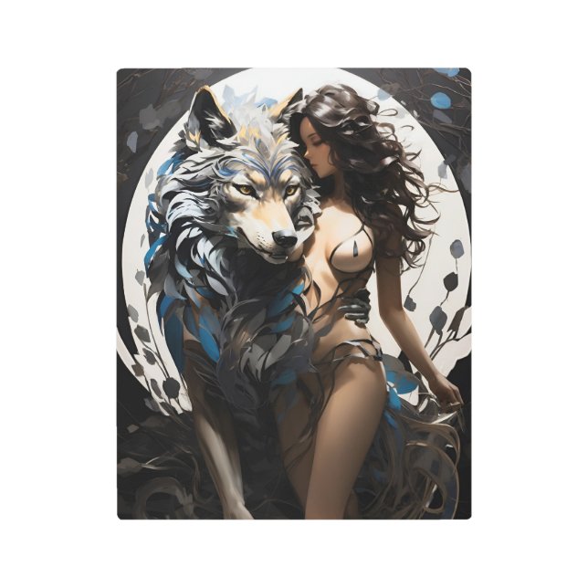 Female lady and Wolf intertwined Metal Print (Front)