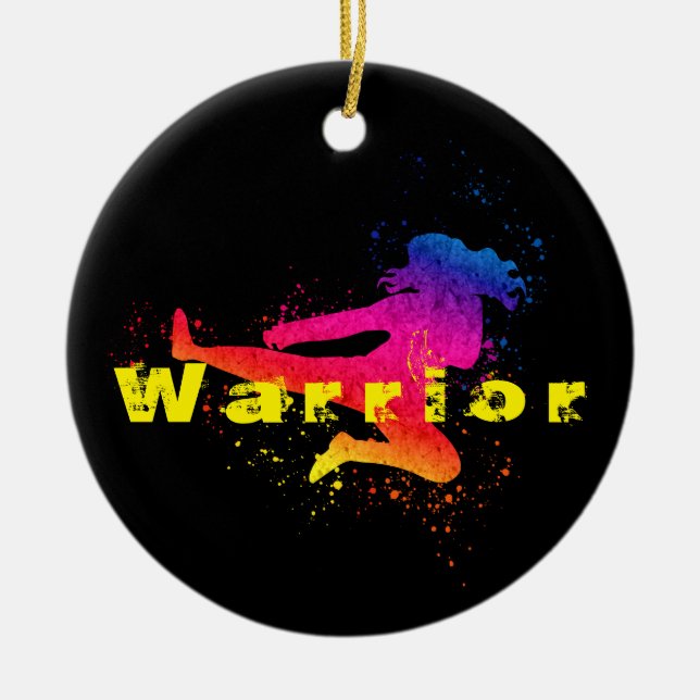 Female Martial Arts, High Kick, Paint Splash Ceramic Ornament (Front)