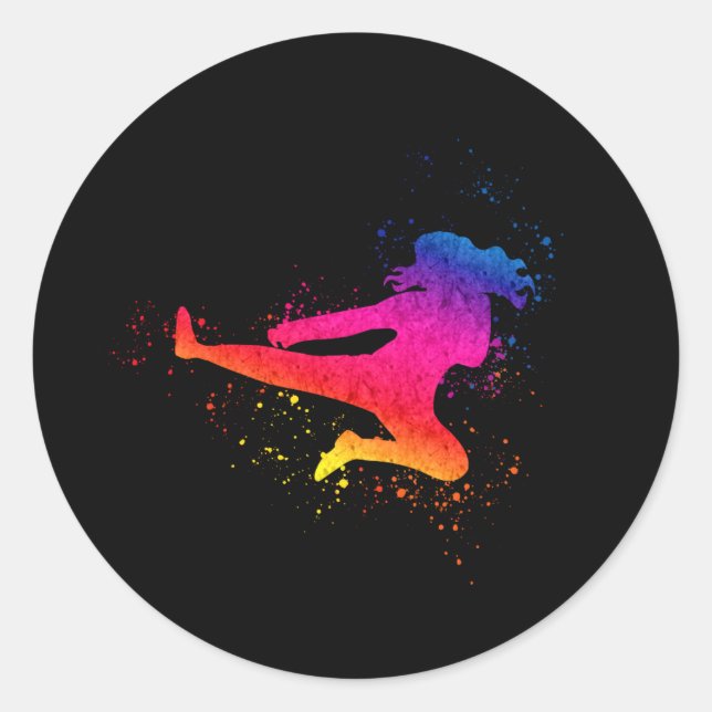 Female Martial Arts, High Kick, Paint Splash Classic Round Sticker (Front)