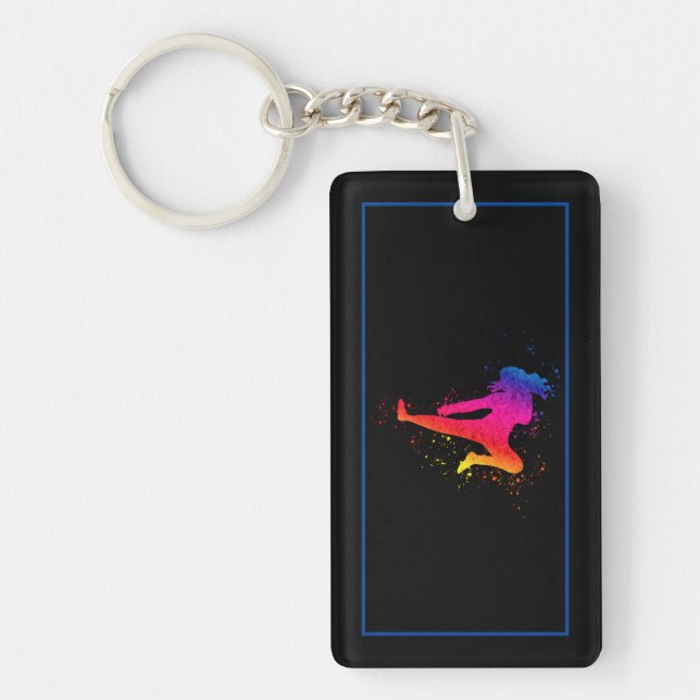 Female Martial Arts, High Kick, Paint Splash Keychain (Front)