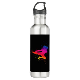 Female Martial Arts, High Kick, Paint Splash Stainless Steel Water Bottle