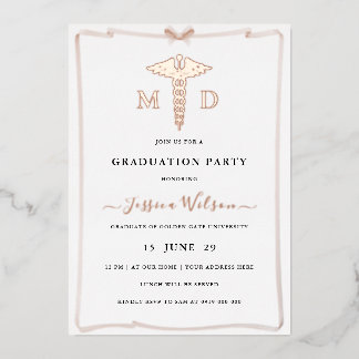 Female MD RN Caduceus Graduation Photo Foil Invitation
