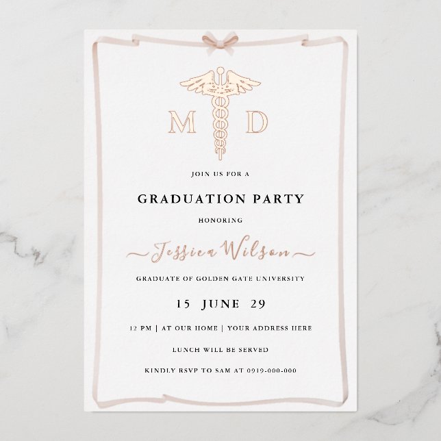 Female MD RN Caduceus Graduation Photo Foil Invitation (Front)