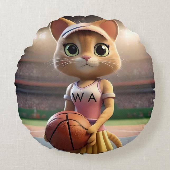 Female Netball Cat,  Round Pillow (Front)