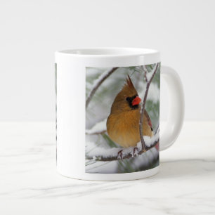 Female Northern Cardinal in snowy pine tree, Giant Coffee Mug