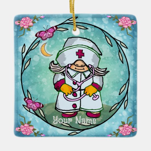 Female Nurse Gnome custom name Ceramic Ornament