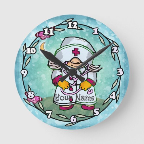 Female Nurse Gnome custom name Round Clock