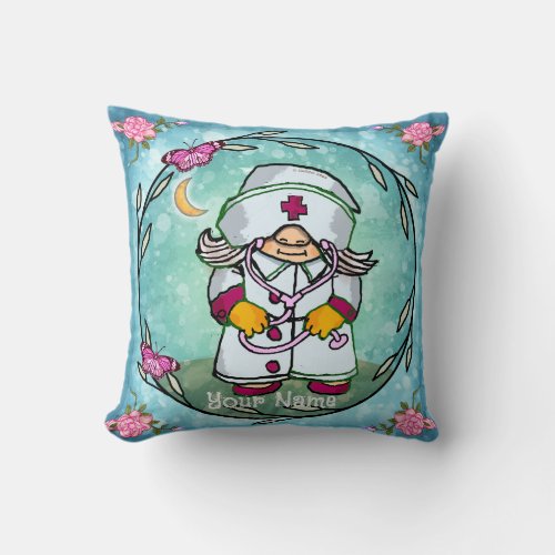 Female Nurse Gnome custom name Throw Pillow