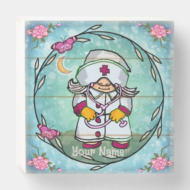 Female nurse gnome  wooden box sign (Front Horizontal)