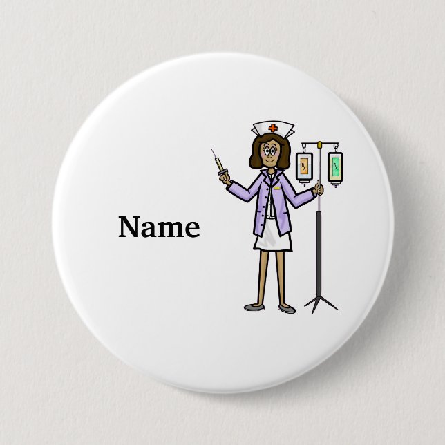 Female Nurse with IV Bags and Syringe Button (Front)