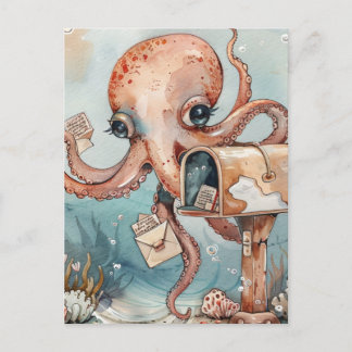 Female Octopus Getting Mail Postcard
