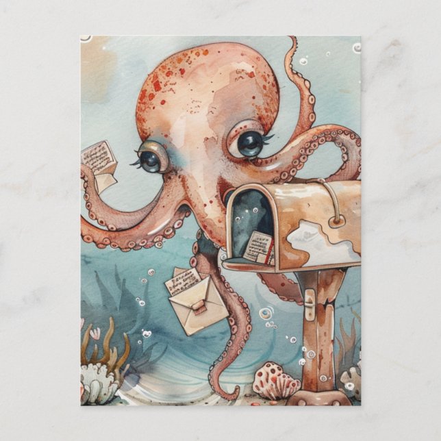Female Octopus Getting Mail Postcard (Front)