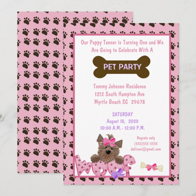 Female Pet Birthday Party Invitation (Front/Back)