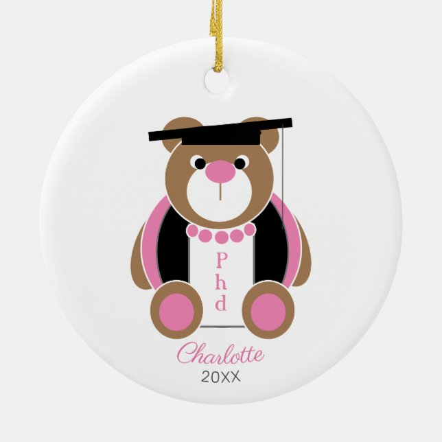 Female phd cute teddy bear doctorate graduation ceramic ornament (Back)
