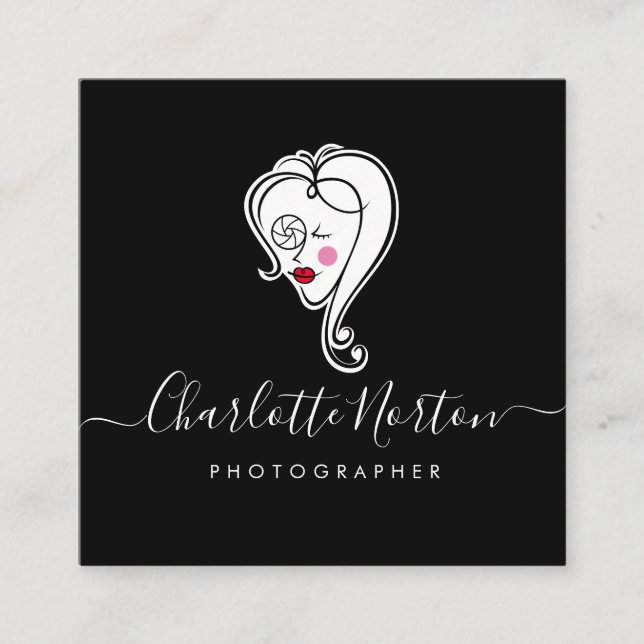 Female Photographer Black Square Business Card (Front)