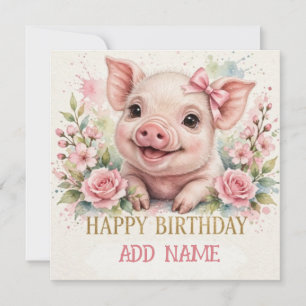 Female PIGLET: Baby Animal Pastel bow & Flowers Card
