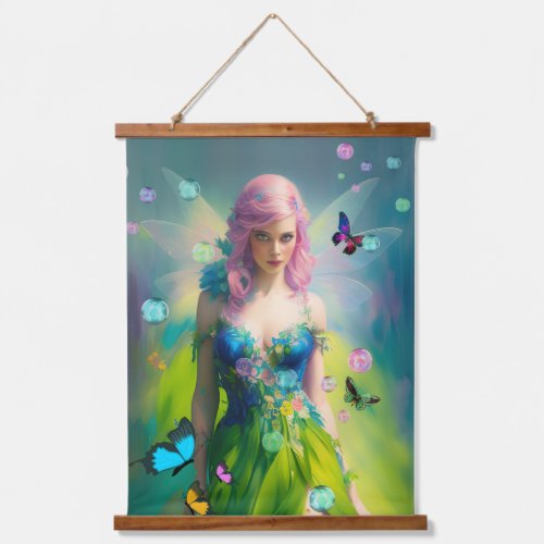 Female Pink Hair Fairy Portrait in Green Dress Hanging Tapestry