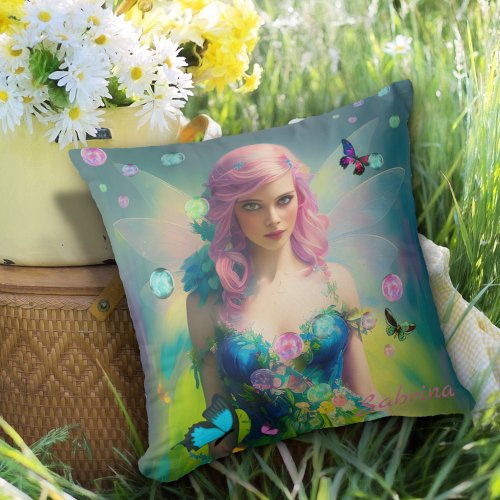 Female Pink Hair Fairy Portrait in Green Dress Throw Pillow