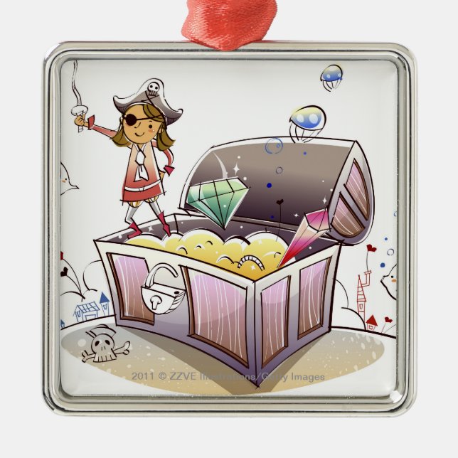 Female pirate standing on a treasure chest metal ornament (Front)