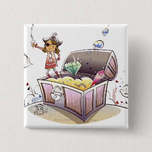 Female pirate standing on a treasure chest pinback button