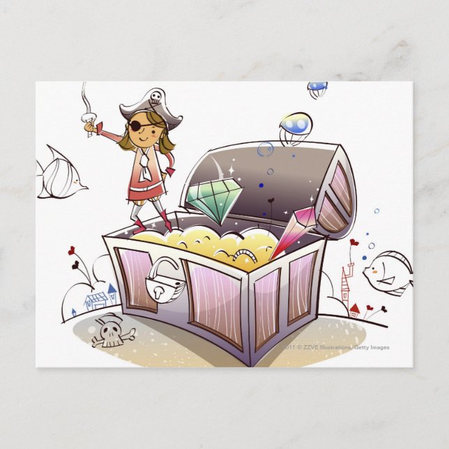 Female pirate standing on a treasure chest postcard (Front)
