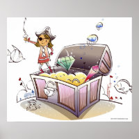 Female pirate standing on a treasure chest