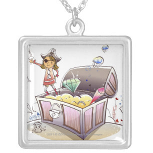 Female pirate standing on a treasure chest silver plated necklace