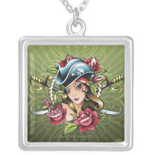 Female pirate with roses and swords silver plated necklace