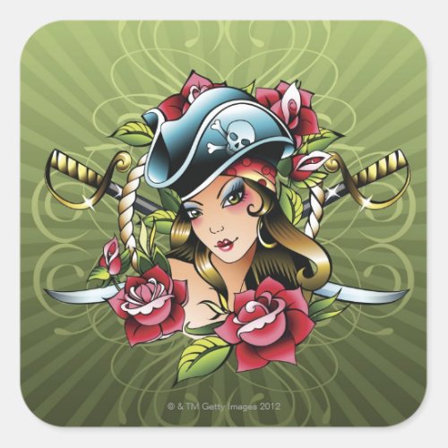Female pirate with roses and swords square sticker