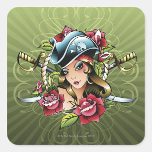 Female pirate with roses and swords square sticker