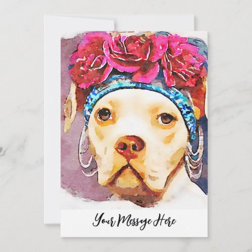 Female Pitbull Portrait Whimsical Watercolor Art Thank You Card