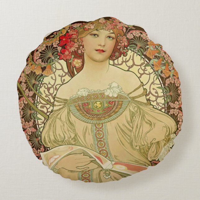 Female Portrait Alphonse Mucha Round Pillow (Back)