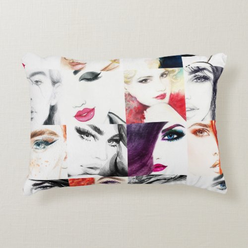 Female Portrait Collage Watercolor Illustration Accent Pillow