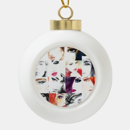 Female Portrait Collage Watercolor Illustration Ceramic Ball Christmas Ornament